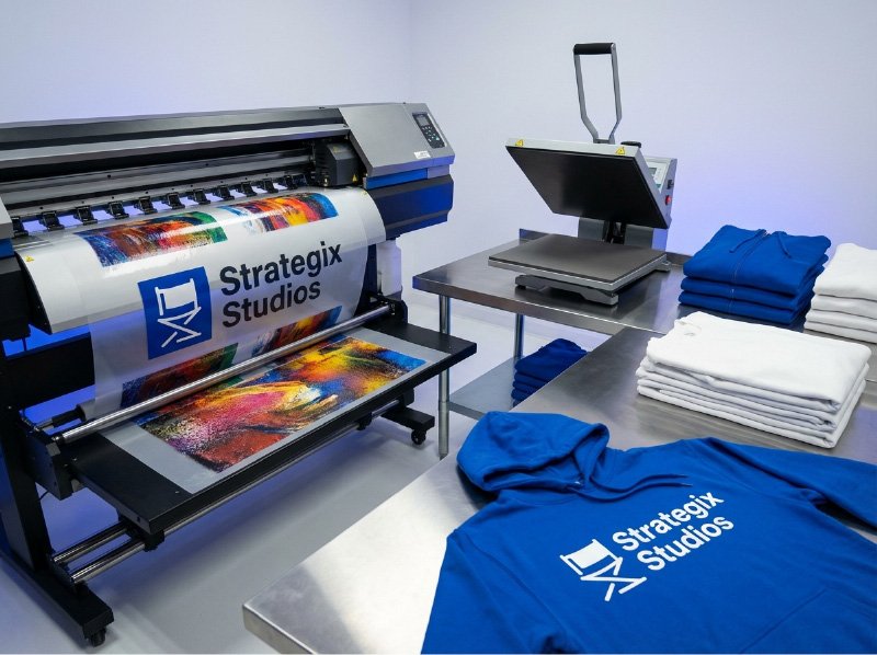 Professional DTF printing process for custom clothing by Strategix